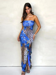 Ingvn Fashion Women Strapless Floral Dresses Sexy Sleeveless Leopard Printed High Waist Ruffles Split Long Party Holiday Dress