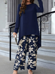 Long Sleeve Crew Neck Vacation Style Elegant Pantsuits, Wide Leg Pants & Dipped Hem Top Outfits, Women's Clothing