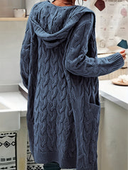 Plus Size Casual Cardigan, Women's Plus Solid Cable Long Sleeve Open Front Hooded Cardigan With Pockets