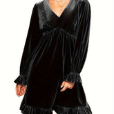 V Neck Velvet Dress For Women Long Sleeve Ruffle Midi Dress Wedding Party Dress With Pockets