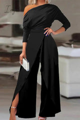 Ingvn - British Style Solid Backless Asymmetrical Oblique Collar Regular Jumpsuits(3 Colors)