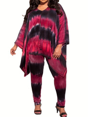 Plus Size Casual Outfits Two Piece Set, Women's Plus Leopard Print Bat Sleeve Round Neck Oversized Top & Pants Outfits 2 Piece Set