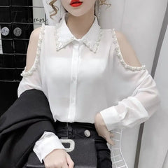 Ingvn - Beading Women's Elegant Blouse Office Outfits Feminine Shirts Off The Shoulder Long Sleeve Top Korean Fashion Designer New