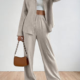 Stylish Solid Color Pantsuits - Women's Clothing - Long Sleeve Button Front Collared Shirt, Elastic Waist Wide Leg Pants, Comfortable Outfits for Daily Wear, Office, Party, and Casual Occasions
