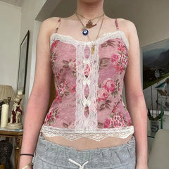 y2k Floral Cropped Top Vintage Lace Stitching Sleeveless Skinny Strap Tops Women Retro Camisole Streetwear Tees Aesthetic