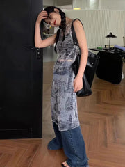Summer Korean Fashion See Through Women Dress Y2k Aesthetic Newspaper Print O Neck Dresses Harajuku Vintage Sleeveless Vestidos