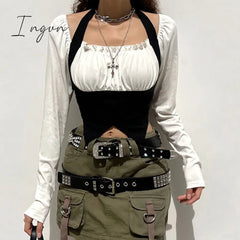 Ingvn - womens fashion gifts for women Goth Dark Fairycore Grunge Patchwork Women T-shirts Gothic Bandage Milkmaid Sexy Halter Crop Tops Long Sleeve Streetwear Clothes