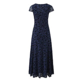 New Women Navy Blue Floral Print Mesh A-line Midi Dress High Waist V Neck Short Sleeve Summer Dresses Vintage Robe
