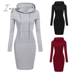 Ingvn - Autumn And Winter Hoodie Dress Elegant Long Sleeve Pocket Combining Casual Women's Midi Dresses