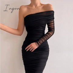 Ingvn - Sexy Diagonal Neck Backless Party Dress Women Fashion One Shoulder Long Sleeve Mesh Dress Elegant Temperament Slim Solid Dresses