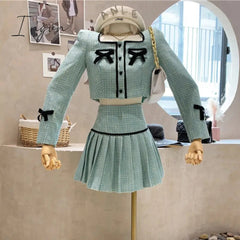 Ingvn - Small Fragrance Tweed 2 Piece Set Women Bow Short Jacket Coat + Skirt Suits Korean Sweet Outfits French Vintage Two Piece Sets