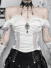 Gothic Bride Off-Shoulder Strap Cropped Top for Women Vintage Style Elegant Spicy Girls Versatile T-Shirt.