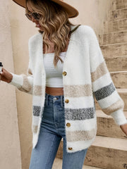 Color Block Knit Cardigan Sweater - Soft, Casual, Long Sleeve, V Neck, Women's Clothing - Perfect for Daily Wear, Outdoor Activities, and Layering