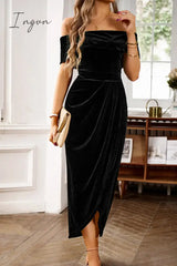 Ingvn - Elegant Solid Fold Off the Shoulder One Step Skirt Dresses