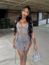 Ingvn - Dark Gray Hollow Out Mini Dress Sexy Drawstring Bandage Backless Summer Dresses for Women 2023 Birthday Party Clubwear
