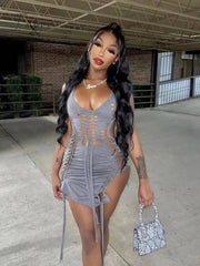 Ingvn - Dark Gray Hollow Out Mini Dress Sexy Drawstring Bandage Backless Summer Dresses for Women 2023 Birthday Party Clubwear