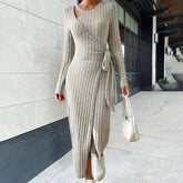 Women Knitting Loungewear Maxi Dress, Autumn Winter Long Sleeve Solid Party Dress, Lace-Up Patchwork Ladies Holiday Dress