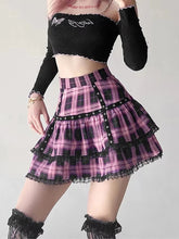 Mall Goth Gothic Lace Ruffle Mini Skirts Womens Harajuku Fairy Grunge Pink Plaid Pleated Skirt Japanese Lolita Streetwear
