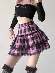 Mall Goth Gothic Lace Ruffle Mini Skirts Womens Harajuku Fairy Grunge Pink Plaid Pleated Skirt Japanese Lolita Streetwear