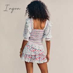 Ingvn - Inspired mixed floral prints ruffled party dress puff sleeve square neck smocked sexy laides dress mini chic summer dress