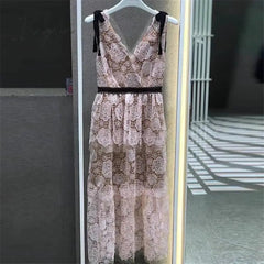 Ingvn - 2023 Summer Pink Women Lace Gauze Dress Mesh Tulle V Neck Bow Tie Rose Embroidery Midi Long Sequin Dress Evening Robe Quality