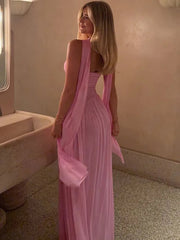 Scarf Collar Backless Sexy Maxi Dress For Women Gown Pink Strapless Off-shoulder Backless Mesh Long Dress Vestido