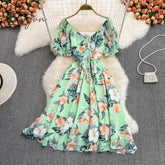 Ingvn - Summer Outfits Ladies French Retro V-neck Floral Women Dress Elegant Draped Flowers Short Puff Sleeves Slim Fairy Mid-calf A-line Dress