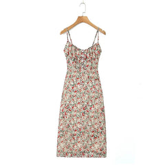 Sexy Elegant Women O Neck Thin Straps Floral Print Dress Vintage High Waist A-line Midi Holiday Summer Dresses Party Robe