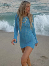 Ingvn - Round Collar Backless Blue Dress Women Sexy Long Sleeve Elegant Beachwear Solid Bodycon See Through Sheath Dress Female