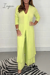 Ingvn - Casual Simplicity Solid Slit V Neck Long Sleeve Two Pieces(6 Colors)