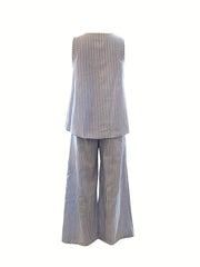 Stripe Print Matching Two-piece Set, Casual Crew Neck Tank Top & Wide Leg Pants Outfits, Women's Clothing