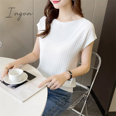 Ingvn - Bat-Sleeved Short-Sleeved T-Shirt Women's Summer New Black Ice Silk Knitted Sweater Loose One-Word Collar Top Thin