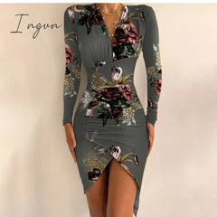 Ingvn - Women's Spring Sexy Package Hips Long-sleeve V-neck Printed Slit Dress Clothing Summer Black Bodycon Dresses For Women Party