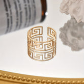 Golden Elegant Open Ring - Adjustable Fit, Unique Geometric Cutout Greek Key Design, Fashion-Forward Minimalist Style - Perfect for Womens Daily Wear, Lovely Ladys Accessory in Attractive Golden Color Tone