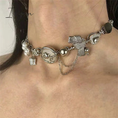 Vintage Bowknot Flower Zircon Choker Necklace for Women Punk Chinese Style Retro Short Neck Chain Unusual Y2K Fashion Jewelry