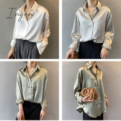 Ingvn - Silk Korean Office Ladies Elegant Shirt Blouse Women Fashion Button Up Satin Shirt Vintage White Long Sleeve Shirts Tops 11355