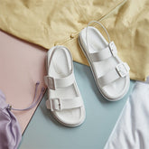 Meotina Shoes Women Buckle Genuine Leather Flat Sandals Round Toe Flat Platform Shoes Ladies Summer Causal Sandals White Size 9