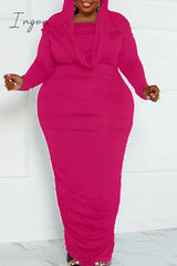 Ingvn - Rose Red Sexy Street Solid Patchwork Hooded Collar Wrapped Skirt Plus Size Dresses