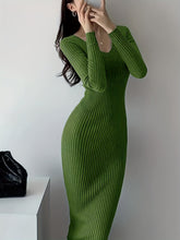 Solid Color Ribbed Long Sleeve Dress, Casual Knitted V Neck Dress For Spring & Fall, Women's Clothing