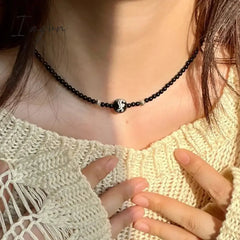 Harajuku Dragon Pattern Black Onyx Beads Necklace for Women Men Vintage Trend Y2K Egirl Black Agate Beaded Choker On The Neck