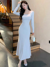 Autumn Korean Solid Knitted Dress for Women Elegant Square Collar Long Sleeves Slim Bodycon Vestidos Evening Party Prom Robe New