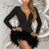 Ingvn - Deep V Neck Feather Mini Dress Women Robe Autumn New Long Sleeve Zipper Bodycon Sexy Party Evening Dresses Clothes