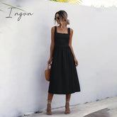 Ingvn - Women Long Dress Summer Sexy Backless Casual White Black Ruched Slip Midi Sundresses Ladies Strap Clothes For Women y2k