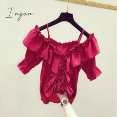 Ingvn - Ruffle Youth Elegant Blouses Tops Women Fashion Low Cut Blouse Summer Chiffon Shirt Pretty Bebeautiful Clothes