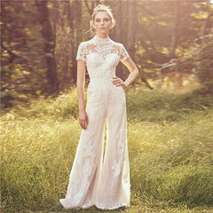 Pbong mid size graduation outfit romantic style teen swag clean girl ideas 90s latina aestheticNew Country Jumpsuits Wedding Dresses Custom Made Elegnat High Neck Short Sleeve Lace Appliqued Beach Boho Bridal Gowns