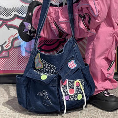 Ingvn Y2k Girl Vintage Harajuku Punk Gothic Multi Pocket Denim Designer Large Capacity One Shoulder Handbag Womens Crossbody Tote Bag