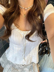 Folds Lace-up T-shirt Blouse Women Summer Lace Trim Square Collar Elastic Waist Short Sleeve Slim Tee Shirt Cotton T-shirt Y2k