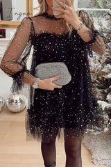 Ingvn - Sweet Cute Solid Patchwork Sequined O Neck Long Sleeve Dresses