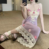 Heavy-Work Knitted Purple Strap Dress Women's French Vintage Design Sensation Beauty Flower Banquet Empire Waist Gown