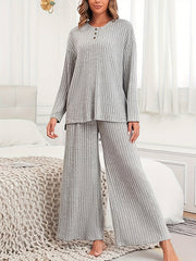 Plus Size Two-Piece Ribbed Crew Neck Outfit Set - Soft Medium Stretch Polyester Knit Fabric, Wide Leg Pants, Long Sleeve Top, Solid Color, No Printing, Casual Style - Womens Comfortable Plus Size Clothing
